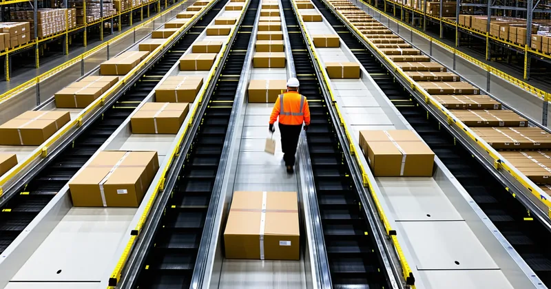 Sortation chute output area showing parcels organized by destination at a fulfillment center