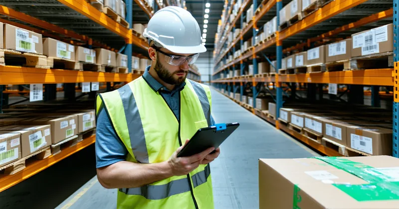 Warehouse worker conducting cycle count audit at a sortation output area with handheld scanner