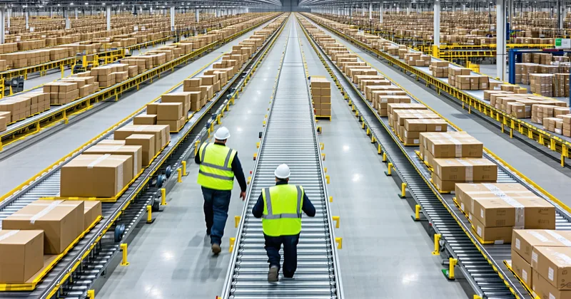 Multiple induction lanes at a parcel sortation facility showing workers inducting parcels onto conveyor system