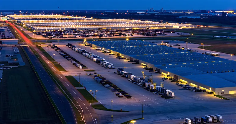 Aerial view of Memphis logistics and fulfillment district near the airport at dusk showing warehouse facilities