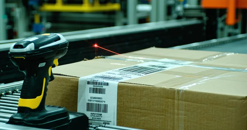 Barcode scanner reading shipping labels at an induction station in a parcel sortation facility