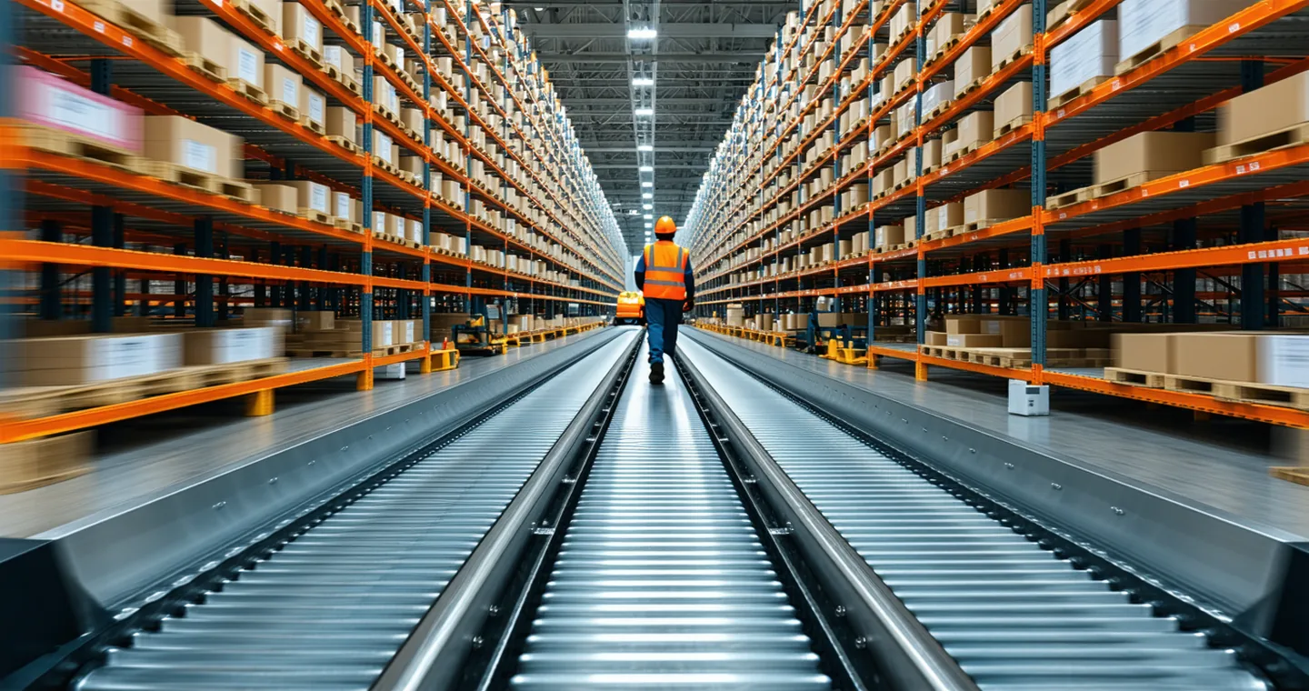 Interior view of a mid-size fulfillment center sort floor with cross-belt conveyor system in motion