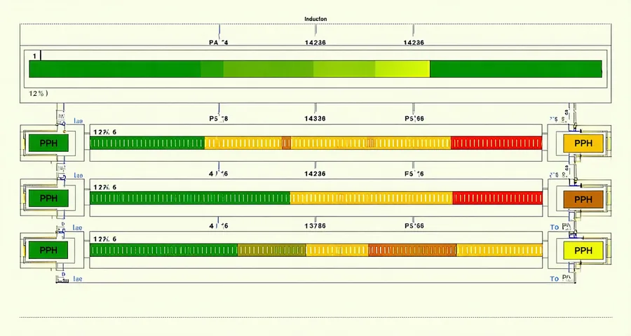 Top-down schematic of 6 induction lanes feeding a sort loop, showing lanes 1-3 with high PPH in green and lanes 4-6 with low PPH in amber indicating imbalance