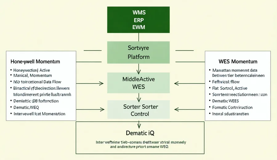 Three-tier architecture diagram showing WMS and ERP layer at top, Sortwyre Platform in the middle, and WES and Sorter Control layer at the bottom with data flow arrows