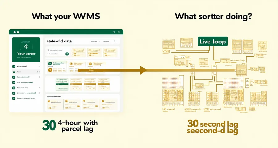 Two-panel diagram showing the gap between WMS dashboard data and live sortation events, separated by a 30-second lag indicator