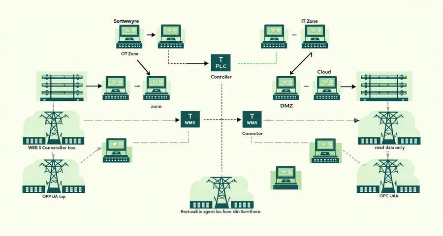 Network segmentation diagram showing OT zone with conveyor PLCs and WES controllers on the left, IT zone with cloud connector and WMS on the right, Sortwyre agent in a DMZ bridge with read-only OPC UA tap label