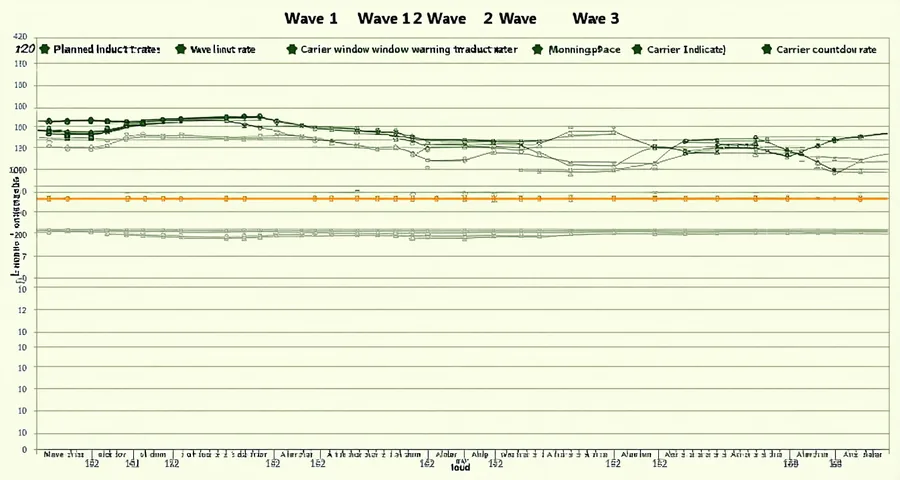Horizontal timeline chart showing three waves with planned induct rate as dotted lines versus actual induct rate as solid lines, with Wave 2 falling below plan and an amber warning indicator